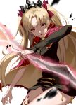  1girl absurdres asymmetrical_sleeves blonde_hair bow cloak commentary_request earrings ereshkigal_(fate) fate/grand_order fate_(series) hair_bow highres jewelry long_hair looking_at_viewer oekaki_taro open_mouth parted_bangs red_cloak red_eyes red_ribbon ribbon skull skull_ornament solo spine tiara two-sided_cloak two-sided_fabric two_side_up 
