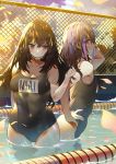  2girls absurdres artist_name backlighting bare_arms bare_shoulders black_hair blush breasts brown_eyes bsue caustics chain-link_fence character_name cleavage closed_mouth cloud cloudy_sky collarbone commentary_request covered_navel fence flat_chest girls_frontline green_hair hand_on_hip hand_up highres huge_filesize long_hair looking_at_viewer looking_to_the_side m4a1_(girls_frontline) mask_pull medium_breasts multicolored_hair multiple_girls one-piece_swimsuit outdoors petals pool profile purple_eyes purple_hair school_swimsuit sidelocks sky st_ar-15_(girls_frontline) standing streaked_hair sunlight swimsuit thighs wading water 