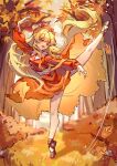  1girl absurdres aki_shizuha alternate_hair_length alternate_hairstyle autumn autumn_leaves black_shoes blonde_hair breasts chinese_commentary commentary_request falling_leaves full_body hair_ornament highres leaf leaf_hair_ornament leg_up long_hair looking_at_viewer maple_leaf medium_breasts open_mouth orange_eyes orange_shirt orange_skirt outdoors shirt shoes shouxishao_jiuyuan skirt smile solo tiptoes touhou touhou_lostword very_long_hair 