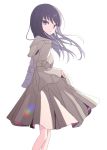  1girl bangs black_hair brown_coat closed_mouth coat eyebrows_visible_through_hair floating_hair from_side hand_in_pocket long_hair long_sleeves looking_at_viewer looking_to_the_side original purple_eyes simple_background solo suzume_anko white_background wide_sleeves 