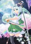  1girl absurdres black_hairband black_thighhighs bow bowtie cherry_blossoms chinese_commentary commentary_request dual_wielding flower frilled_skirt frills full_moon green_eyes green_vest grey_hair hairband hehejiu highres hitodama holding katana konpaku_youmu konpaku_youmu_(ghost) moon night open_clothes open_vest outdoors print_skirt purple_bow purple_bowtie reverse_grip sheath shirt short_sleeves skirt skirt_set solo star_(sky) sword thighhighs touhou tree unsheathed vest weapon white_flower white_shirt 