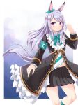  1girl animal_ears aqua_bow aqua_bowtie aqua_ribbon aqua_socks armband black_jacket black_skirt blue_armband blush bow bowtie closed_mouth coat commentary_request ear_bow ear_ribbon frilled_coat frilled_jacket frills green_socks highres horse_ears horse_girl horse_tail jacket kemuri_(etep3372) long_hair long_sleeves looking_at_viewer mejiro_mcqueen_(frontline_elegance)_(umamusume) mejiro_mcqueen_(umamusume) midriff_peek pleated_skirt purple_eyes purple_hair ribbon shirt skirt socks solo striped_clothes striped_shirt tail umamusume 