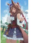  1girl ;d absurdres animal_ears bad_source belt_bag blue_sky bow brown_bag brown_eyes brown_hair center_frills clothing_cutout cloud corset cowboy_shot day dress dutch_angle ears_through_headwear frills hair_bow hair_ornament hairclip hat highres horse_ears horse_girl horse_racing_track horse_tail long_hair long_sleeves looking_at_viewer matikanetannhauser_(clippety-tippety-clop)_(umamusume) matikanetannhauser_(umamusume) multicolored_hair newsboy_cap ningen_gokko one_eye_closed open_mouth outdoors parallel_hairclips purple_hat red_bow red_corset shoulder_cutout sky smile solo standing streaked_hair sweat tail third-party_source umamusume white_dress 