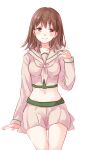  1girl alternate_hair_length alternate_hairstyle blush breasts brown_eyes brown_hair commentary_request crop_top hair_between_eyes kantai_collection long_sleeves medium_breasts medium_hair midriff navel neckerchief ooi_(kancolle) ooi_kai_ni_(kancolle) pleated_skirt sailor_collar school_uniform serafuku simple_background skirt smile solo white_background yatomi 