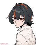  1girl alternate_costume alternate_hair_length alternate_hairstyle black_hair commentary english_commentary highres multicolored_hair orange_eyes red_streaks shirt short_hair streaked_hair twitter_username v-shaped_eyebrows white_shirt zenicia_art zenless_zone_zero zhu_yuan 