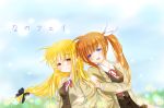  2girls black_ribbon blazer blonde_hair blush cloud couple fate_testarossa flower hair_ornament hair_ribbon hand_on_another&#039;s_shoulder happy highres jacket kerorokjy long_hair looking_at_another lyrical_nanoha mahou_shoujo_lyrical_nanoha mahou_shoujo_lyrical_nanoha_a&#039;s multiple_girls neck_ribbon open_mouth orange_hair red_ribbon ribbon school_uniform side_ponytail skirt sky smile takamachi_nanoha teeth tongue translation_request uniform very_long_hair white_ribbon yuri 