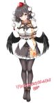  1girl absurdres bird_wings black_hair black_pantyhose black_skirt black_wings blush breasts commentary_request commission feathered_wings frilled_skirt frills full_body hat highres large_breasts leaf_print looking_at_viewer maple_leaf_print miniskirt pantyhose pointy_ears pom_pom_(clothes) puffy_short_sleeves puffy_sleeves red_eyes red_hat restrained ribbon-trimmed_skirt ribbon_trim rise_(rise19851203) shameimaru_aya shibari shibari_over_clothes shirt short_hair short_sleeves simple_background skeb_commission skirt solo suspension sweat tokin_hat touhou white_background white_shirt wings 