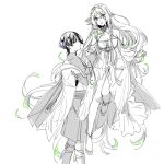  1boy 1girl aged_up alternate_costume alternate_hair_length alternate_hairstyle anklet armor arms_at_sides bare_shoulders blunt_ends bodysuit braid breasts bridal_gauntlets cape cleavage closed_mouth commentary_request couple covered_collarbone cross-shaped_pupils detached_sleeves dress fingernails floating furisode genshin_impact green_hair green_pupils greyscale hair_intakes hair_ornament half_crown_braid halterneck hetero highres holding_hands japanese_armor japanese_clothes jewelry kimono kote layered_sleeves leaf leaf_hair_ornament levitation long_hair looking_at_another looking_at_viewer mandarin_collar monochrome multicolored_hair nahida_(genshin_impact) open_mouth pointy_ears purple_eyes rope scaramouche_(genshin_impact) see-through_clothes see-through_dress shimizumikann short_sleeves shorts showgirl_skirt side_braids side_cape sideways_mouth slippers small_breasts spot_color streaked_hair symbol-shaped_pupils tassel twin_braids very_long_hair wanderer_(genshin_impact) wavy_hair white_background 