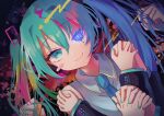  1girl \||/ aegyo_sal aqua_eyes aqua_hair aqua_nails aqua_trim bare_shoulders belt black_belt black_sleeves blue_eyes blue_hair blue_necktie blush_stickers bright_pupils chimera_(vocaloid) closed_mouth collared_shirt commentary_request detached_sleeves double-parted_bangs dutch_angle extra_arms fusion glowing glowing_eye grey_shirt hair_between_eyes hair_intakes hair_ornament halftone hands_on_own_shoulders hands_up hatsune_miku hatsune_miku_(vocaloid4) heterochromia highres holding_own_hair interlocked_fingers long_hair long_sleeves looking_at_viewer mismatched_pupils multicolored_hair nail_polish necktie own_hands_clasped own_hands_together paint_splatter puffy_long_sleeves puffy_sleeves shirt simple_background single_blush_sticker sleeveless sleeveless_shirt smile solo split-color_hair twintails two-tone_hair upper_body v4x vignetting vocaloid white_pupils wonder_(natade_nico2525) 