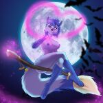 absurd_res ambient_bat anthro belassa blue_body blue_hair breasts broom broom_riding butt canid canine canis cleaning_tool clothing crossed_legs dipstick_tail female genitals gloves_(marking) hair heart_symbol hi_res holidays leg_markings light looking_down magic mammal markings moonlight night_star_(wolf) nipples nude socks_(marking) solo tail tail_markings underwear wolf yellow_eyes