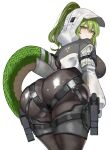  1girl arknights arknights:_endfield ass black_bodysuit bodysuit closed_mouth clothes_writing commentary endfield_industries_logo fluorite_(arknights) green_hair green_tail grey_hood hair_between_eyes highres holster holstered hood hood_up light_smile long_hair long_sleeves looking_at_viewer purplecat skin_tight snake_girl snake_tail solo tail thigh_holster thigh_strap 