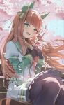  1girl adversarial_noise black_gloves black_pantyhose blunt_bangs chair cherry_blossoms commentary_request ear_covers gloves green_eyes hairband highres holding holding_plant horse_tail korokoro_nekoz open_mouth orange_hair pantyhose plant silence_suzuka_(innocent_silence)_(umamusume) silence_suzuka_(umamusume) sitting skirt smile solo tail tree umamusume watermark white_hairband white_skirt 