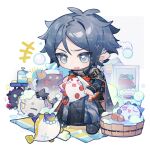  >_< +++ 1boy 6+others :3 arknights black_coat black_pants blue_eyes blue_hair bubble chibi chinese_commentary chongyue_(arknights) coat commentary_request dragon_bean_(arknights) dusk_(arknights) gourd grey_eyes highres holding holding_brush holding_towel in_bathtub ling_(arknights) looking_at_another multiple_others musical_note nian_(arknights) nitrogen_owo one_eye_closed open_mouth pants purple_eyes red_eyes reflection sample_watermark scrub_brush shampoo_bottle short_hair shu_(arknights) signature simple_background sitting smile soap_bubbles spoken_musical_note towel towel_on_head v-shaped_eyebrows wang_(arknights) washing_animal washtub watermark white_background yellow_eyes yu_(arknights) zuo_le_(arknights) 