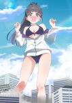  1girl absurdres amaya_tsubame bikini black_bikini black_hair blue_eyes blue_sky blush breasts building city cleavage cloud collarbone day destruction embarrassed gakuen_idolmaster giant high_ponytail highres idolmaster jacket jacket_over_swimsuit kimi_to_semi_blue_(idolmaster) large_breasts long_hair long_sleeves mole mole_under_eye open_mouth outdoors ponytail sky solo standing swimsuit toxic_pter two-sided_fabric two-sided_jacket white_jacket 