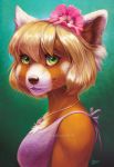  2019 ailurid anthro blonde_hair breasts clothed clothing digital_media_(artwork) female goldendruid green_background green_eyes hair hi_res mammal red_panda simple_background smile solo whiskers 