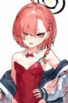  1girl ahoge bare_shoulders blue_archive bow bowtie braid breasts commentary detached_collar egaoseiseibot hair_over_one_eye halo hand_on_own_hip highres huge_ahoge jacket leotard looking_at_viewer mole mole_under_eye neru_(blue_archive) neru_(bunny)_(blue_archive) off_shoulder official_alternate_costume open_clothes open_jacket playboy_bunny red_bow red_bowtie red_eyes red_hair red_leotard short_hair simple_background single_braid small_breasts solo strapless strapless_leotard sukajan traditional_bowtie tsurime upper_body variant_set white_background 