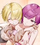  2girls bare_shoulders brown_hair closed_eyes commentary_request heaven_burns_red highres hug hug_from_behind kayamori_ruka multiple_girls one_eye_closed purple_hair red_eyes short_hair smile tezuka_saki yuuuuukiiiii007 