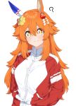  +_+ 1girl ? absurdres alternate_hair_length alternate_hairstyle animal_ears arms_behind_back blush closed_mouth commentary_request ear_covers hair_between_eyes highres horse_ears horse_girl jacket long_hair long_sleeves looking_at_viewer matikanefukukitaru_(umamusume) nerukichikatafukuma orange_eyes orange_hair pants red_jacket red_pants simple_background single_ear_cover smile solo sparkling_eyes tracen_training_uniform track_jacket umamusume upper_body white_background 