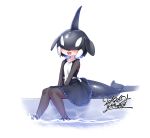  1girl :d bangs belt black_dress black_hair black_legwear blowhole commentary covered_eyes dated dolphin_tail dress frilled_dress frills full_body hair_over_eyes head_fins kemono_friends long_sleeves multicolored_hair open_mouth orca_(kemono_friends) pantyhose short_hair signature sitting smile solo two-tone_hair water white_background white_hair yoshida_hideyuki 