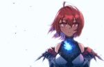  1girl ahoge alternate_hair_length alternate_hairstyle bare_shoulders blue_fire breasts closed_mouth commentary ddolbang elizabeth_rose_bloodflame english_commentary eyelashes fire hair_between_eyes highres hololive hololive_english red_eyes red_hair short_hair solo split_mouth virtual_youtuber 