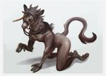 anthro black_eyes border brown_fur elbow_tufts equid fur guiltytits hooves horn long_horn male mammal simple_background solo tail_tuft tuft unicorn white_border 