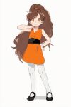  1girl ai-assisted big_hair black_shoes bliss_(kuku88) brown_hair child clenched_hand colokhan commentary dress dress_shoes english_commentary full_body hand_on_own_hip hand_on_own_neck high_ponytail highres long_hair orange_dress orange_eyes original pantyhose ponytail powerpuff_girls shoes short_dress sleeveless solo standing very_long_hair white_background white_pantyhose 