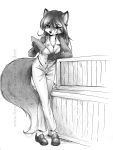  2019 abluedeer anthro arm_support big_tail biped bottomwear breasts canid canine cleavage clipboard clothed clothing crate crossed_legs ear_piercing eyebrow_through_hair eyebrows female footwear fox front_view fully_clothed graphite_(artwork) greyscale hair hi_res holding_object leaning_on_elbow long_tail mammal monochrome pants pencil_(artwork) pencil_(object) piercing shirt shoes signature simple_background sleeveless solo standing topwear traditional_media_(artwork) translucent translucent_hair url watermark white_background 