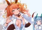  2girls :p absurdres afterimage blue_background blue_hair blue_horns blue_necktie blush breasts brown_choker choker claw_pose commentary_request frith_(monmusu_td) highres horns igni_(monmusu_td) jitome medium_breasts mekoneko0478 monster_musume_td multiple_girls nail_polish necktie official_alternate_costume open_clothes open_shirt orange_hair orange_horns orange_nails red_tail reptile_girl shirt tongue tongue_out twintails white_shirt zoom_layer 