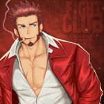  1boy artist_name beard blue_eyes brown_hair chest cigarette collarbone dated facial_hair fate/grand_order fate_(series) fight_club highres jacket male_focus miqi_(nnaf3344) mouth_hold muscle napoleon_bonaparte_(fate/grand_order) open_clothes pectorals red_background red_jacket scar sideburns simple_background smile smoking solo standing upper_body 