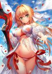 1girl aestus_estus ahoge bangs bikini blonde_hair blue_sky blush breasts bubble cleavage closed_mouth cloud cowboy_shot criss-cross_halter day earrings eyebrows_visible_through_hair fate/grand_order fate_(series) green_eyes hair_intakes halterneck holding holding_sword holding_weapon jewelry large_breasts long_hair looking_at_viewer navel nero_claudius_(fate)_(all) nero_claudius_(swimsuit_caster)_(fate) outdoors reaching_out side-tie_bikini sidelocks skindentation sky smile solo striped striped_bikini swimsuit sword tako_seijin twintails weapon 