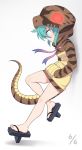  1girl aqua_eyes bangs eyebrows_visible_through_hair full_body geta glowing glowing_eyes green_hair hair_between_eyes hands_in_pockets highres hood hood_up hoodie kemono_friends long_sleeves profile ransusan simple_background snake_tail solo striped_hoodie striped_tail tail tengu-geta tsuchinoko_(kemono_friends) white_background 