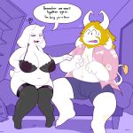  1:1 2019 absurd_res anthro asgore_dreemurr beard big_breasts blonde_hair boss_monster bovid bra breasts caprine clothed clothing detailed_background digital_media_(artwork) english_text facial_hair female goat hair hi_res lingerie male mammal mature_female missdetrop nipples pussy text thick_thighs toriel translucent translucent_clothing undertale underwear video_games 