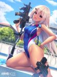  1girl :d arms_note blue_sky breasts brown_hair building cloud competition_swimsuit fang fukai_ryousuke goggles gun handgun highres holster holstered_weapon leg_holster long_hair one-piece_swimsuit open_mouth pistol poolside sky smile solo submachine_gun swimsuit wall weapon yellow_eyes 