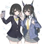  2girls :o alternate_costume arknights arknights:_endfield black_hair black_jacket blazer blue_jacket blush bow bowtie buttoned_cuffs buttons cellphone chen_qianyu_(arknights) closed_mouth collared_shirt commentary cowboy_shot dot_nose drawstring earphones endministrator_(arknights) female_endministrator_(arknights) grey_eyes grey_skirt hands_up headphones headphones_around_neck highres holding holding_phone jacket lapels leo25_k long_hair long_sleeves miniskirt multiple_girls necktie notice_lines open_clothes open_jacket open_mouth phone plaid_clothes plaid_skirt pleated_skirt school_uniform selfie shirt short_hair simple_background skirt smartphone sparkle standing taking_picture traditional_bowtie twintails v waving white_background white_shirt yellow_bow yellow_bowtie yellow_necktie 