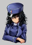  1girl absurdres andou_(girls_und_panzer) bangs bc_freedom_(emblem) bc_freedom_military_uniform black_hair blue_headwear blue_jacket blue_vest brown_eyes closed_mouth commentary crossed_arms dark_skin dress_shirt emblem girls_und_panzer grey_background half-closed_eyes harino646 hat high_collar highres jacket long_sleeves looking_at_viewer medium_hair messy_hair military military_hat military_uniform shako_cap shirt simple_background smile solo uniform upper_body vest white_shirt 