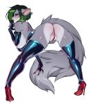  2018 absurd_res anthro armwear bedroom_eyes bent_over big_breasts blush breasts butt chinchilla chinchillid clothing ear_piercing elbow_gloves emerald_(yuureikun) female footwear full-length_portrait fur gloves green_eyes green_hair grey_fur hair half-closed_eyes handwear hanging_breasts hi_res high_heels leather legwear lips lipstick looking_at_viewer makeup mammal piercing portrait presenting pussy pussy_floss rear_view red_lips rodent seductive shoes simple_background solo standing stilettos thigh_highs thong venusflowerart white_background white_fur 
