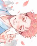  1girl 3boys arm_up black_hair brown_eyes commentary crossed_arms english_commentary fushiguro_megumi gojou_satoru grin highres jujutsu_kaisen kugisaki_nobara looking_at_viewer male_focus multicolored_hair multiple_boys petals pink_hair short_hair sideways smile solo_focus tp_isme two-tone_hair white_background 