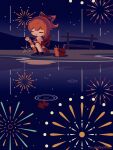  1girl aerial_fireworks brown_hair bucket chibi chibi_only closed_eyes cobalta commentary_request fireworks genshin_impact highres holding holding_fireworks night outdoors parted_lips reflection reflective_liquid short_hair sky solo sparkler squatting star_(sky) starry_sky twitter_username water yoimiya_(genshin_impact) 