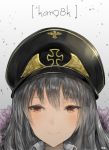  1girl brown_eyes chan1moon character_name eyebrows_visible_through_hair fur_collar girls_frontline grey_hair hat highres iron_cross kar98k_(girls_frontline) military_hat peaked_cap smile solo 