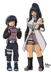  1girl black_hair breasts byakugan capelet dual_persona elbow_sleeve fingerless_gloves flak_jacket forehead_protector gauntlets gloves highres hyuuga_hinata jacket karystmania konohagakure_symbol large_breasts long_hair looking_at_viewer naruto_(classic) naruto_(series) naruto_shippuuden ninja no_pupils pants ponytail purple_eyes redesign short_hair smile white_eyes 