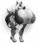 alexaxes anthro big_breasts breasts canid canine clothed clothing curvaceous female hi_res huge_breasts hyper hyper_breasts looking_at_viewer mammal monochrome smile solo standing thick_thighs 