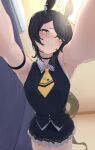  1girl alternate_hair_length alternate_hairstyle animal_ears arm_belt armpits black_choker black_hair black_skirt choker collared_shirt commentary couch ear_ornament ear_tag earrings head_tilt horse_ears horse_girl horse_tail indoors jewelry looking_at_another manhattan_cafe_(creeping_shadow)_(umamusume) manhattan_cafe_(umamusume) miniskirt no_coat outstretched_arms pinned pleated_skirt pov shirt short_hair single_earring skirt tail takamaza thighhighs thighs umamusume untranslatable_commentary white_shirt 