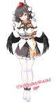  1girl absurdres bird_wings black_hair black_skirt black_wings blush breasts commentary_request commission feathered_wings frilled_skirt frills full_body hat highres large_breasts leaf_print looking_at_viewer maple_leaf_print miniskirt pantyhose pointy_ears pom_pom_(clothes) puffy_short_sleeves puffy_sleeves red_eyes red_hat restrained ribbon-trimmed_skirt ribbon_trim rise_(rise19851203) shameimaru_aya shibari shibari_over_clothes shirt short_hair short_sleeves simple_background skeb_commission skirt solo suspension sweat tokin_hat touhou white_background white_pantyhose white_shirt wings 