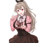  1girl :d absurdres alternate_costume arm_ribbon black_ribbon blush breasts brown_corset brown_hair brown_ribbon brown_skirt brown_trim cake chocolate_cake collar collared_dress commentary corset dress english_commentary eydis_(sao) food fork frilled_collar frilled_dress_collar frilled_sleeves frills hair_between_eyes hair_ribbon hands_up high_ponytail highres holding holding_food holding_fork holding_plate large_breasts long_hair long_sleeves looking_at_viewer messy_hair miniskirt open_mouth parted_bangs phanuchan pink_shirt pinstripe_pattern pinstripe_shirt plate ponytail red_eyes ribbon shirt simple_background skirt skirt_set smile solo sword_art_online sword_art_online:_alicization sword_art_online:_unleashed_blading teeth transparent_background underbust upper_body upper_teeth_only valentine 