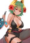  1girl black_swimsuit breasts cleavage dagger dark_skin fire_emblem fire_emblem_heroes flower gradient_hair green_hair grin hair_flower hair_ornament highres holding holding_dagger holding_weapon laegjarn_(fire_emblem_heroes) large_breasts multicolored_hair orange_hair red_eyes sarong short_hair simple_background smile solo swimsuit thigh_strap tokoya_(ex-hetare) weapon white_background 