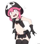  1girl annoyed armpits belt black_gloves black_legwear blush breasts bright_pupils collarbone eyebrows_visible_through_hair gloves groin gun hand_on_weapon hat highres holster jakuzure_nonon kill_la_kill medium_hair navel nudist_beach_uniform once_11h open_mouth pink_eyes pink_hair shako_cap shoulder_holster sidelocks signature simple_background skindentation skull_print small_breasts solo teeth thighhighs utility_belt weapon white_background white_pupils 