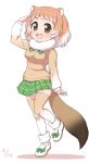  1girl :d animal_ears black-tailed_prairie_dog_(kemono_friends) bow_footwear brown_eyes dated eyebrows_visible_through_hair full_body fur_collar gradient gradient_hair gradient_legwear green_skirt hand_up highres kemono_friends light_brown_hair long_sleeves looking_at_viewer medium_hair multicolored multicolored_clothes multicolored_hair multicolored_legwear open_mouth plaid plaid_skirt pleated_skirt prairie_dog_ears prairie_dog_tail ransusan salute shoes simple_background skirt smile solo tail thighhighs white_background white_hair zettai_ryouiki 