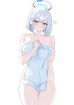  1girl ? absurdres alternate_hair_length alternate_hairstyle bare_legs bare_shoulders blue_archive blush commentary halo hazaky highres holding looking_at_viewer no_headgear noa_(blue_archive) nude purple_eyes short_hair towel untranslatable_commentary white_background white_hair 