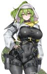  1girl absurdres arknights arknights:_endfield black_bodysuit blush bodysuit breasts closed_mouth commentary contrapposto covered_navel cowboy_shot fluorite_(arknights) green_eyes green_hair green_tail grey_hood gun hair_between_eyes handgun highres holster holstered hood hood_up large_breasts light_smile long_hair long_sleeves looking_at_viewer purplecat simple_background skin_tight snake_girl snake_tail solo standing tail thigh_holster thigh_strap weapon white_background 