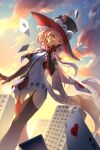  1girl absurdres ace_(playing_card) ace_of_hearts ace_of_spades animal_on_head arnocn bag bare_shoulders bird bird_on_head black_hat blue_sky blurry blurry_background building card cloud commentary_request dress dutch_angle elbow_gloves evening feet_out_of_frame floating_hair from_below front_ponytail garter_straps gloves gradient_sky grin hand_up hat heart highres long_hair looking_to_the_side low_ponytail on_head one_eye_closed orange_sky outdoors pencil_dress pink_eyes pink_hair playing_card ponytail qiaoshou_(xinyue_tongxing) red_bag red_gloves red_thighhighs short_dress shoulder_bag sky smile solo spade_(shape) teeth thighhighs top_hat turning_head walking white_bird white_dress xinyue_tongxing 